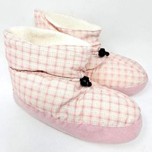 Eddie Bauer Slippers Womens size 6 - 7 Pink Plaid Puffer Booties Soft Boots